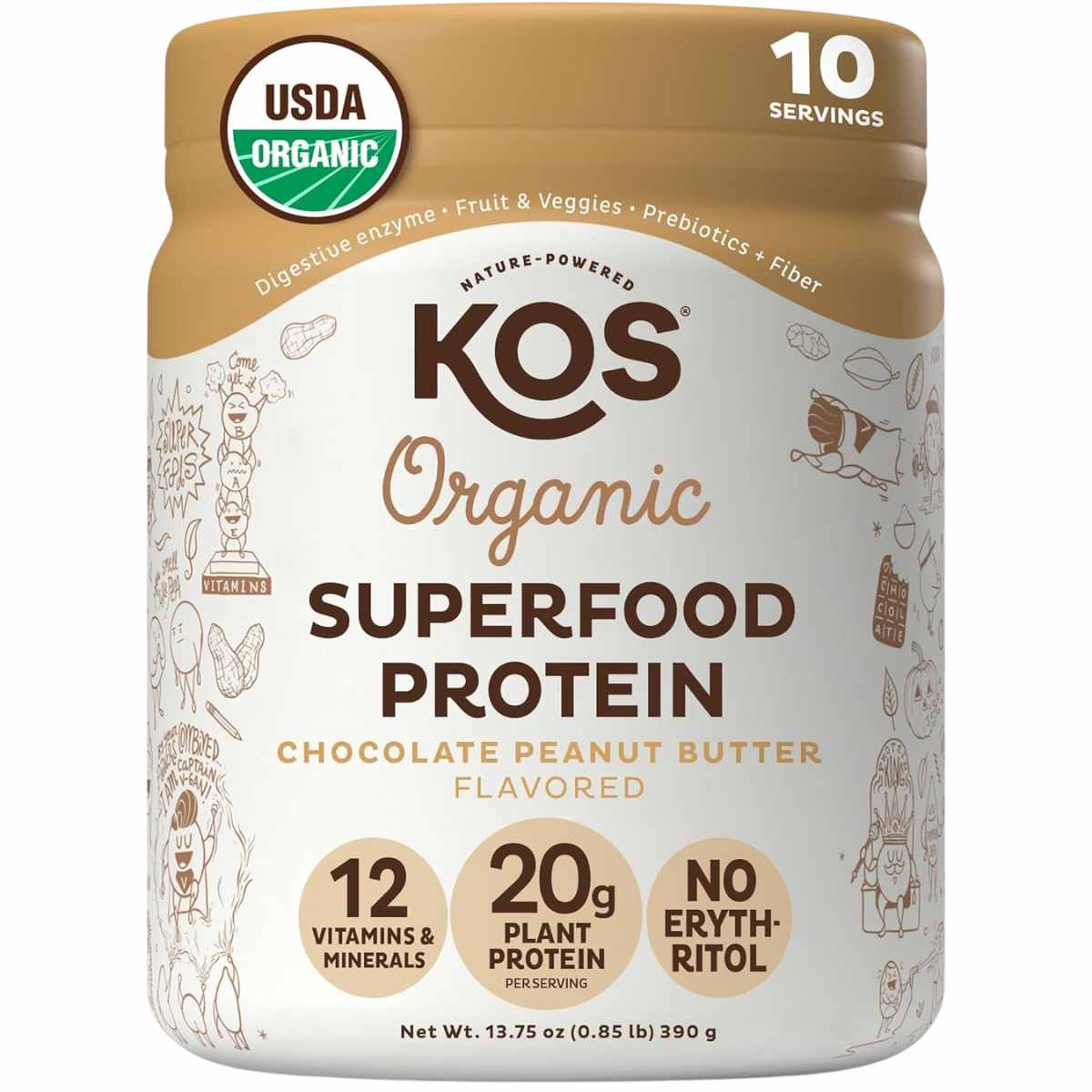 KOS Proteína de superalimento orgánico 20 g - Sabor Mantequilla de Maní con Chocolate - 585 g - Haz Tu Pedido
