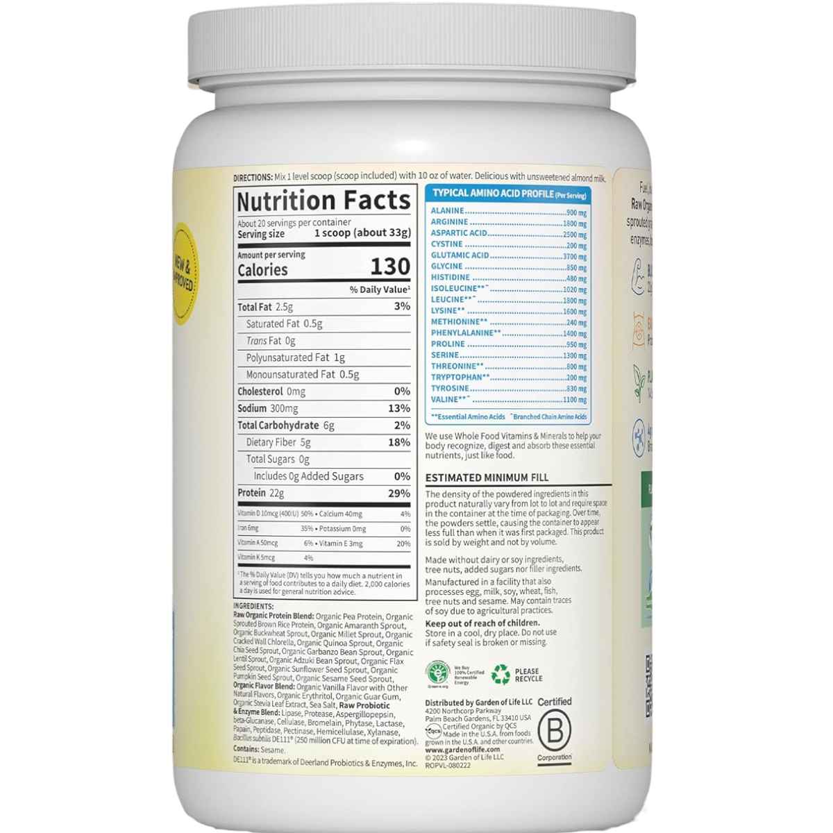 Garden of Life Proteína Orgánica Cruda 22 g - Sabor Vainilla - 660 g - Tabla Nutricional - Haz Tu Pedido