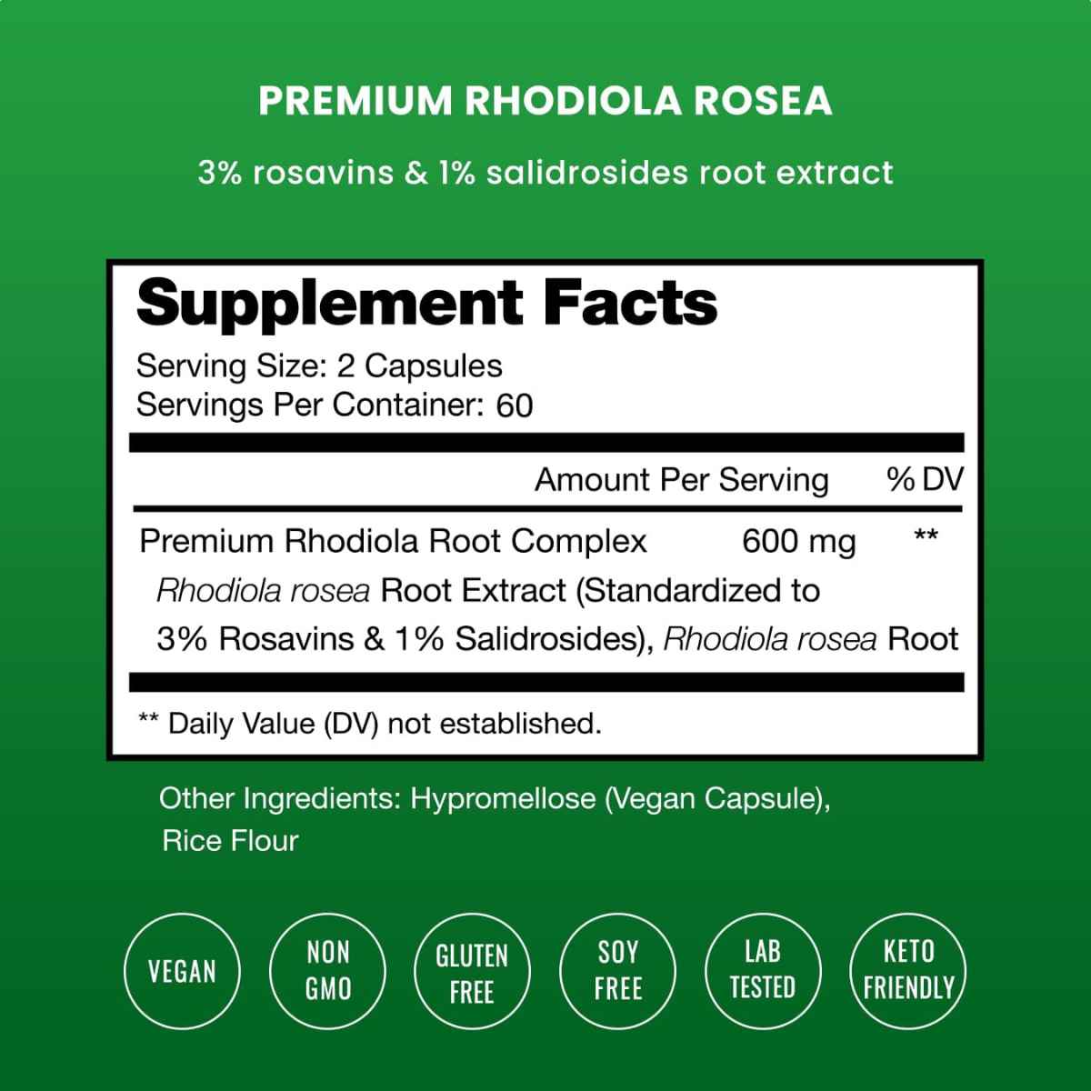 NutraChamps Rhodiola Rosea - 120 Cápsulas Veganas - Tabla Nutricional - Haz Tu Pedido