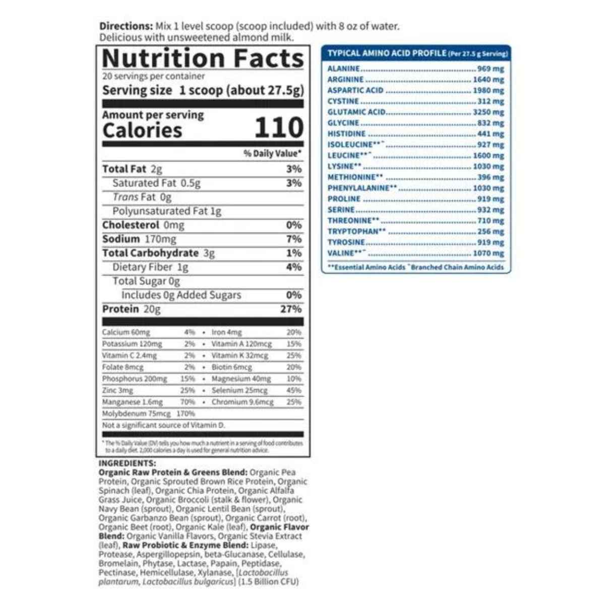 Garden of Life Proteína Orgánica Cruda y Verduras 20 g - Sabor Vainilla - 550 g - Tabla Nutricional - Haz Tu Pedido