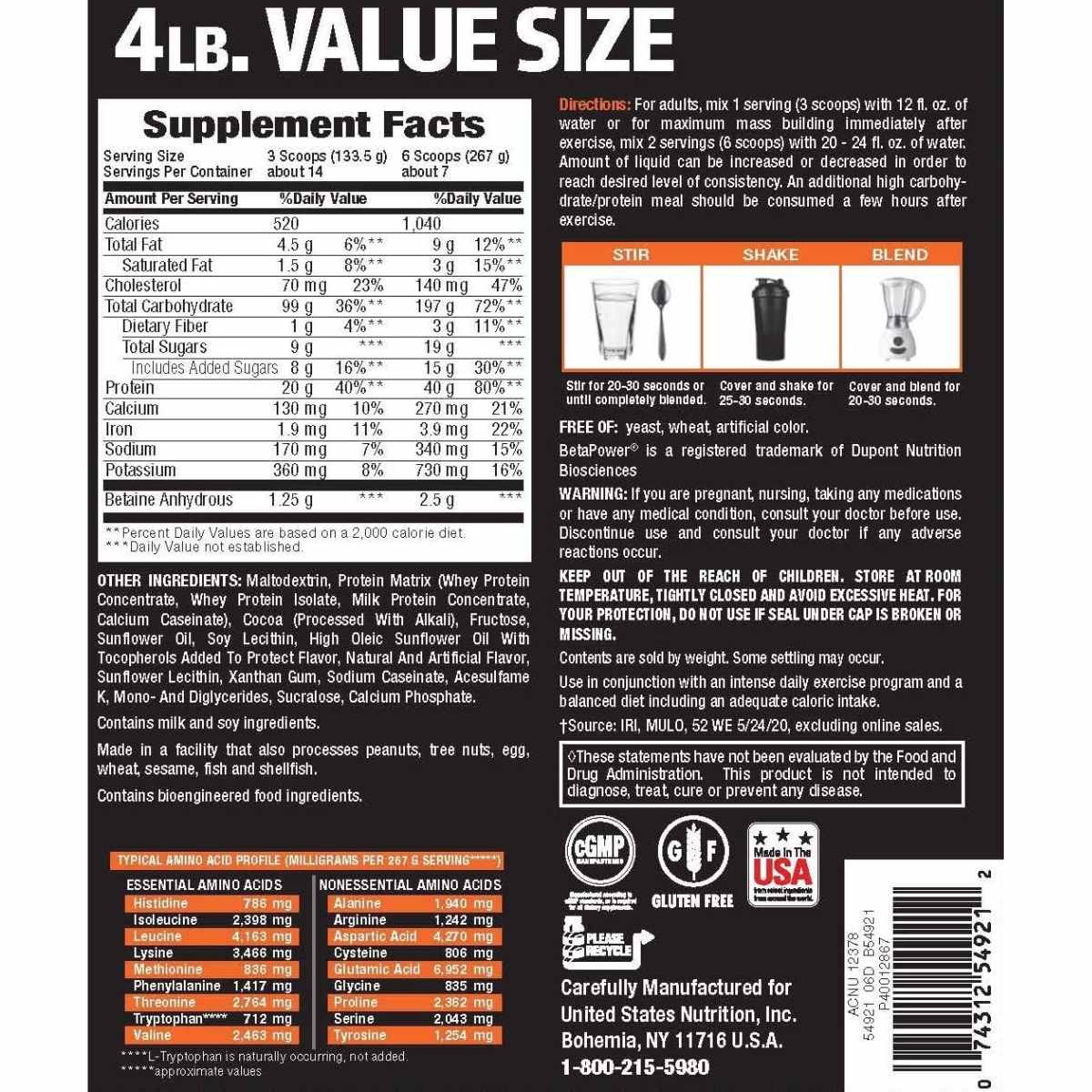 Body Fortress Proteína Mass Gainer 40 g - Sabor Chocolate - 1814 g - Tabla Nutricional - Haz Tu Pedido