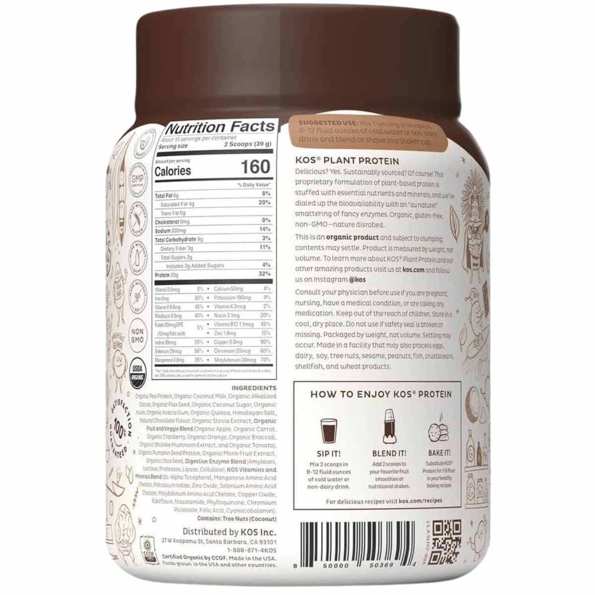 KOS Proteína de superalimento orgánico 20 g - Sabor Chocolate - 585 g - Tabla Nutricional - Haz Tu Pedido