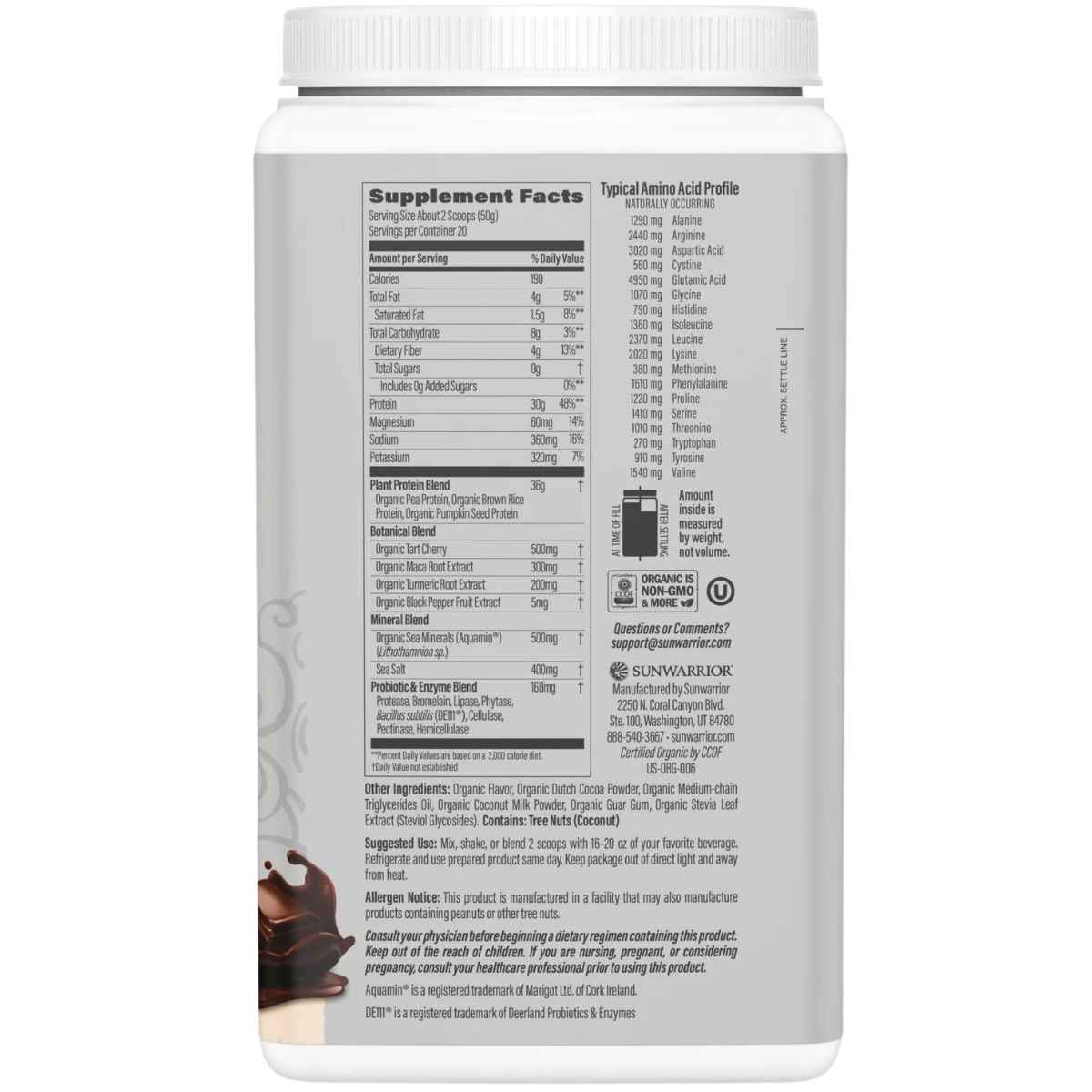 Sunwarrior Proteína Orgánica 30 g - Sabor Chocolate - 1 kg - Tabla Nutricional - Haz Tu Pedido