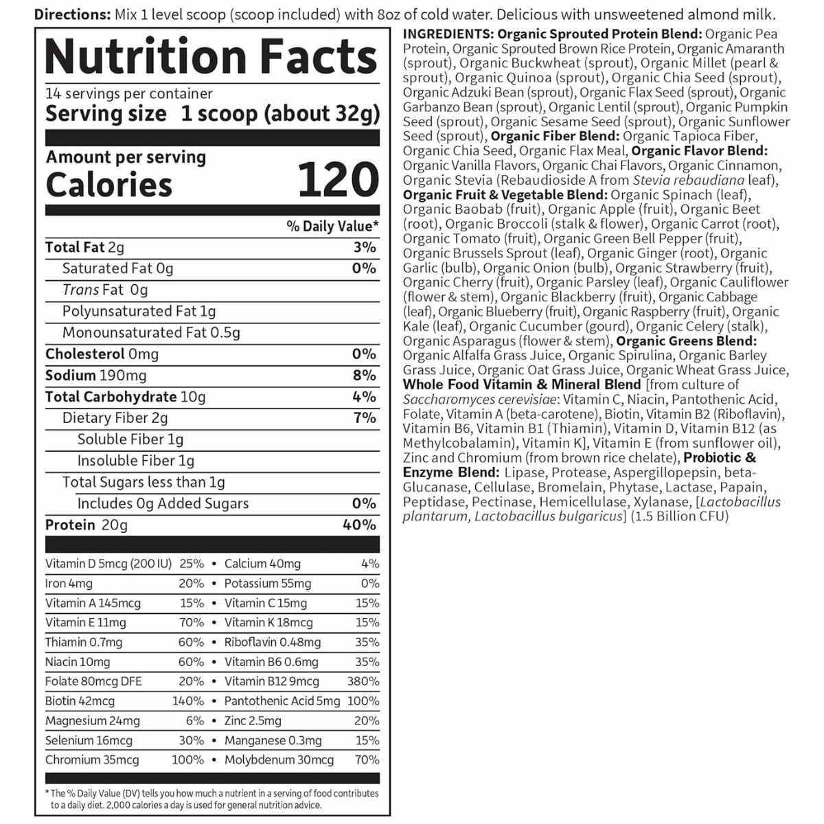 Garden of Life Proteína Orgánica Vegana 20 g - Sabor Chai de Vainilla - 454 g - Tabla Nutricional - Haz Tu Pedido