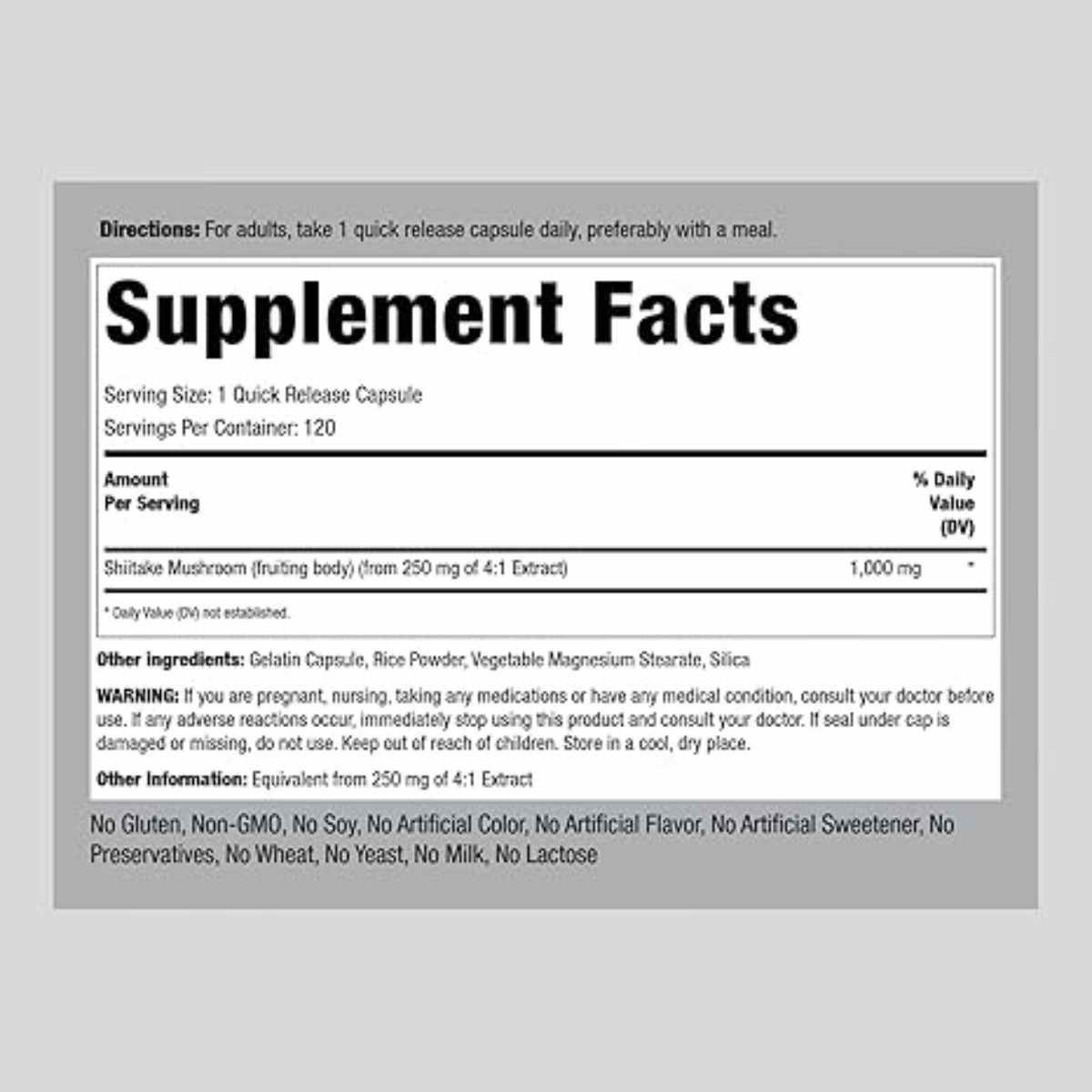 Piping Rock Hongo Shiitake 1000 mg - 120 Cápsulas de Liberación Rápida - Tabla Nutricional - Haz Tu Pedido