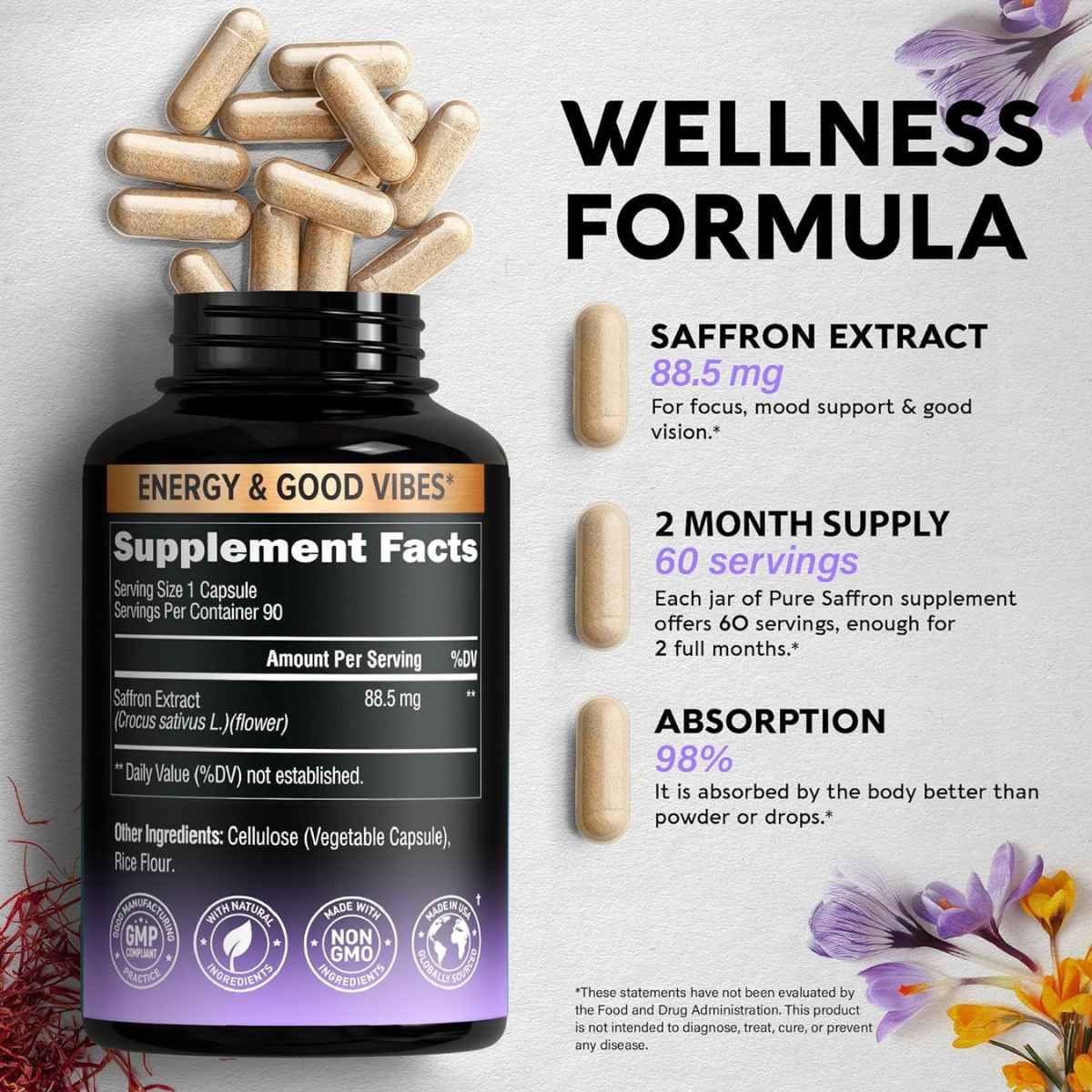 Nutra Harmony Extracto de Azafrán 885 mg - 90 Cápsulas - Tabla Nutricional - Haz Tu Pedido