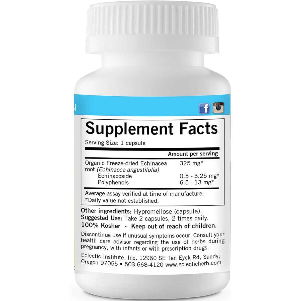 Eclectic Institute Echinacea Angustifolia 325 mg - 90 Cápsulas Vegetales - Tabla Nutricional - Haz Tu Pedido