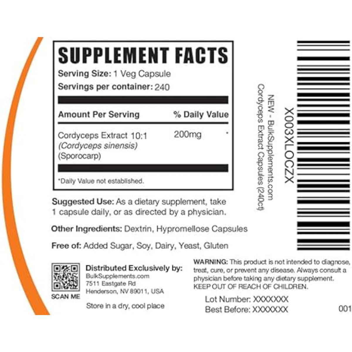 BulkSupplements.com hongos Cordyceps 2400 mg - 240 Cápsulas Vegetarianas - Tabla Nutricional - Haz Tu Pedido