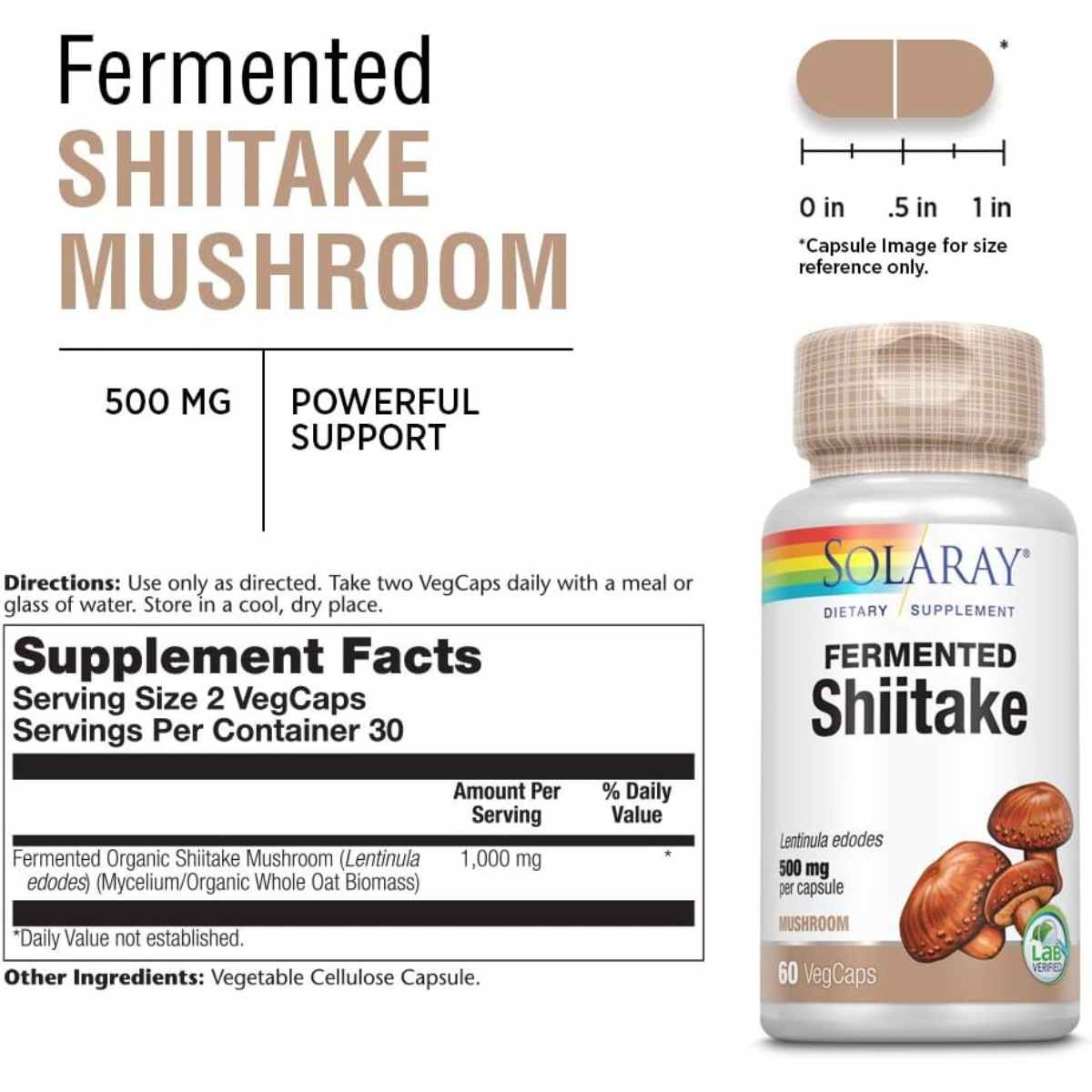 Solaray Fermented Shiitake Mushroom 1000 - 60 Cápsulas Vegetales - Tabla Nutricional - Haz Tu Pedido