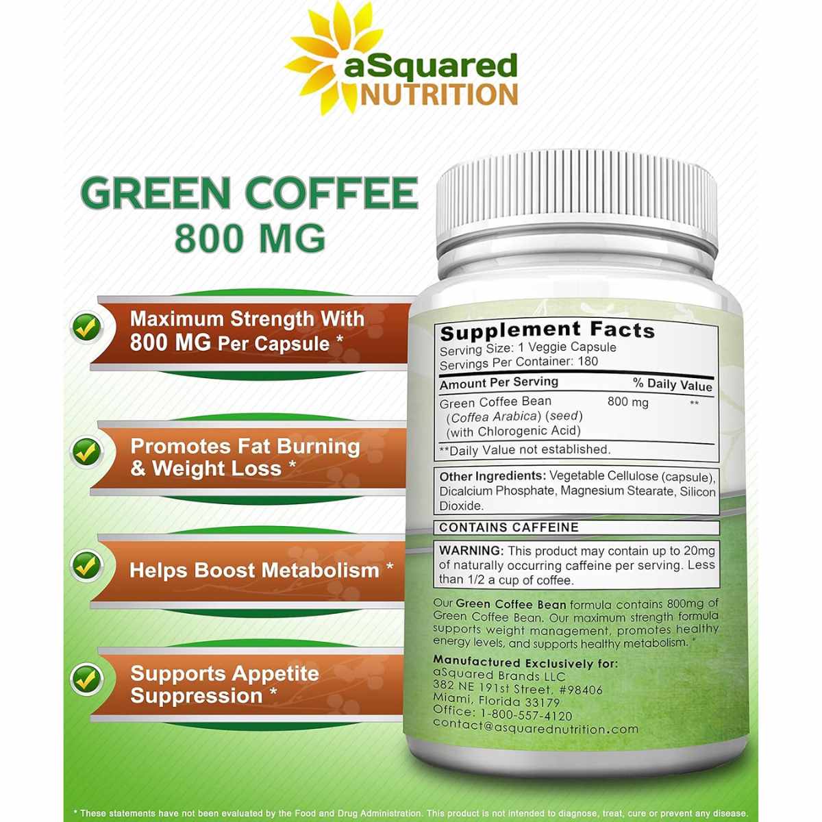 aSquared Nutrition Grano de Café Verde 800 mg - 180 Cápsulas - Tabla Nutricional - Haz Tu Pedido