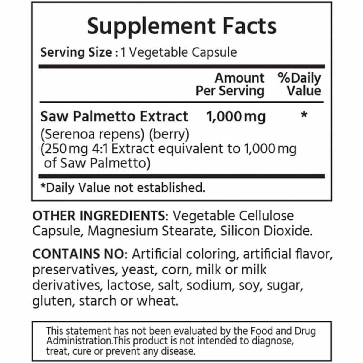 ML Naturals Saw Palmetto 1000 mg - 180 Cápsulas Vegetales - Tabla Nutricional - Haz Tu Pedido