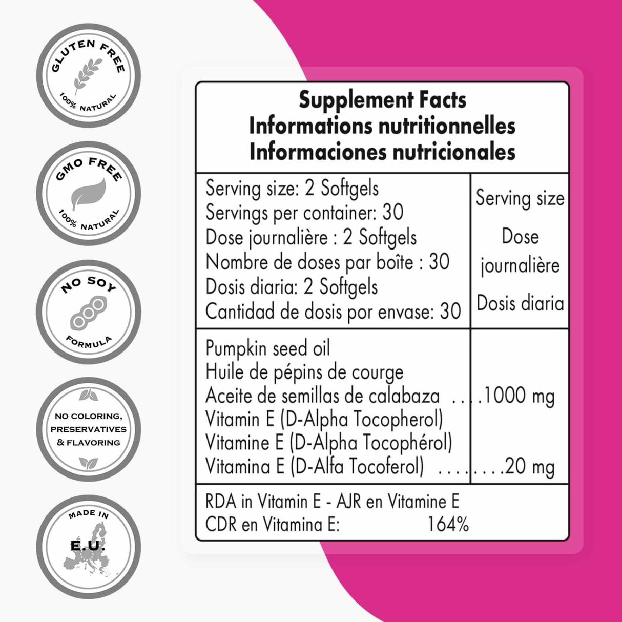 SuperSmart Aceite de semilla de calabaza 1000 mg - 60 Cápsulas Blandas - Tabla Nutricional - Haz Tu Pedido