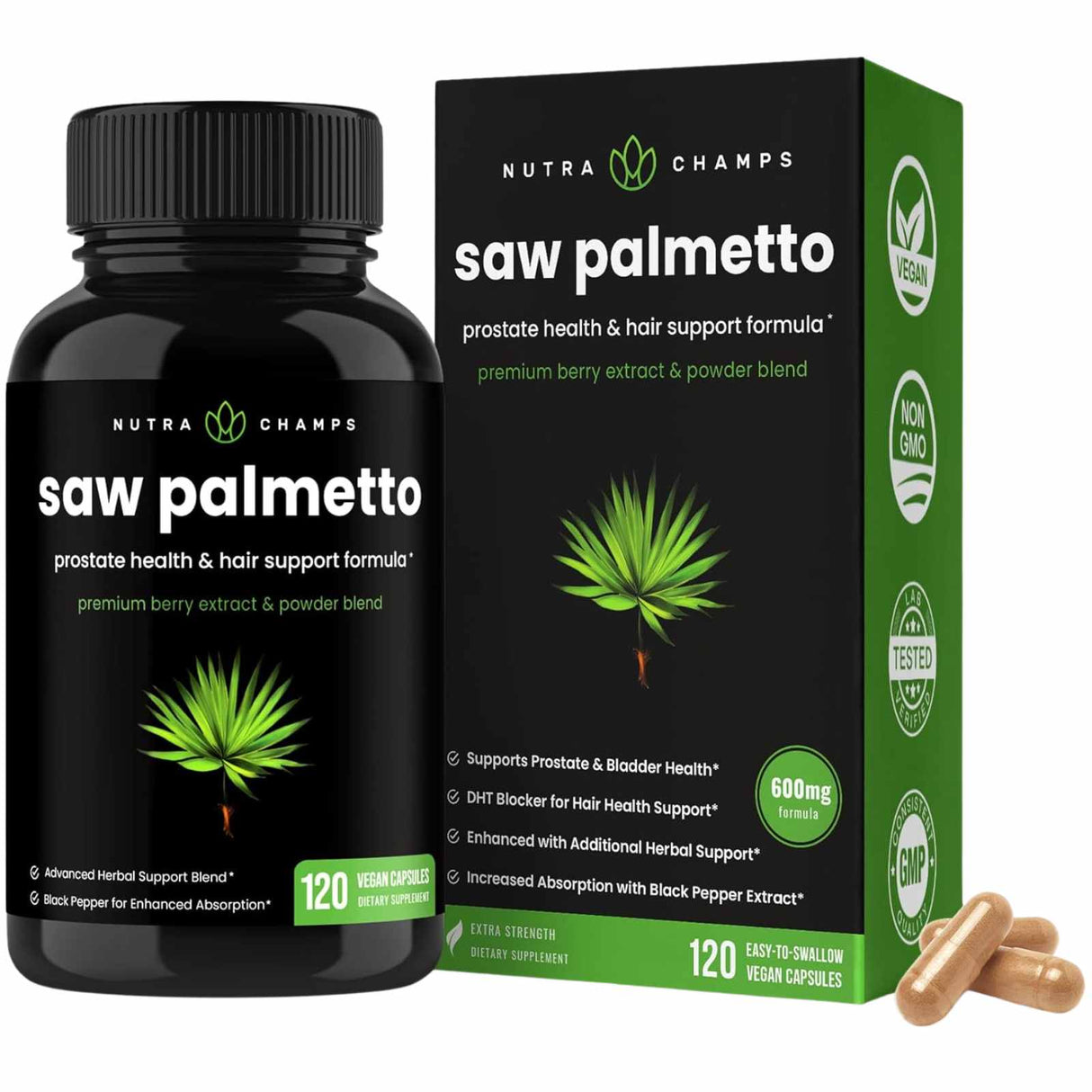 NutraChamps Saw Palmetto 600 mg - 120 Cápsulas Veganas