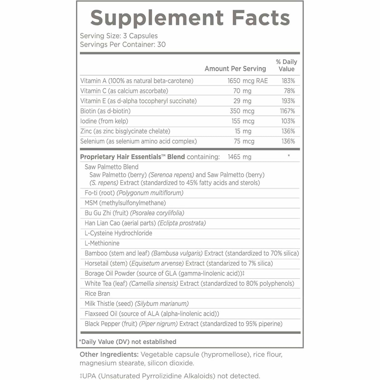 Natural Wellbeing Esenciales para el Cabello - 90 Cápsulas Vegetarianas - Tabla Nutricional - Haz Tu Pedido