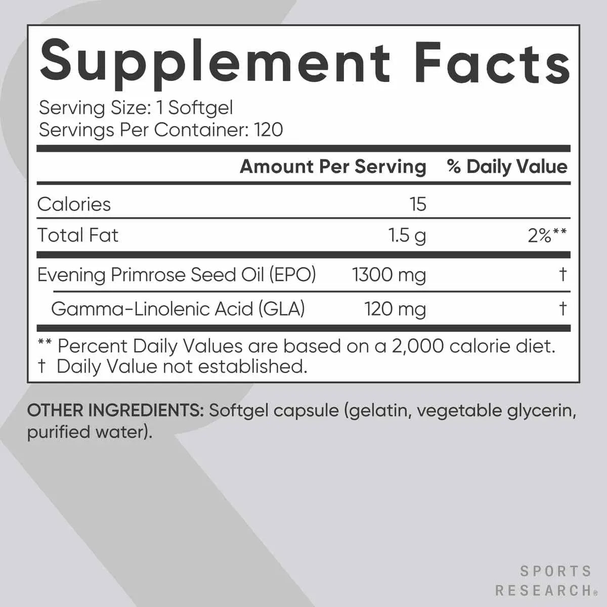 Sports Research Aceite de Onagra 1300 mg - 120 Cápsulas Blandas - 120 Porciones - Tabla Nutricional Haz Tu Pedido