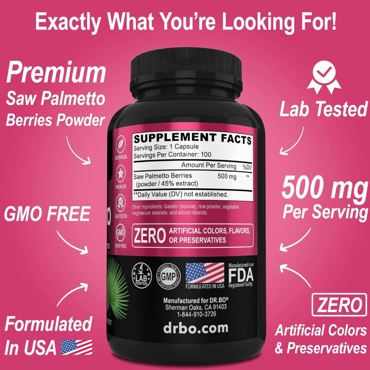 Dr.bo Saw Palmetto 500 mg - 100 Cápsulas - Tabla Nutricional - Haz Tu Pedido