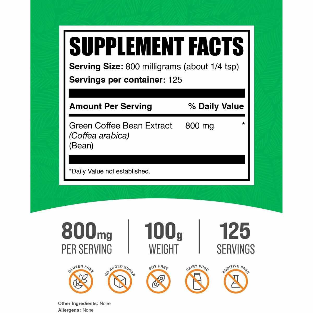 BulkSupplements.com Extracto de Grano de Café Verde 800 mg - 100 g - Tabla Nutricional - Haz Tu Pedido