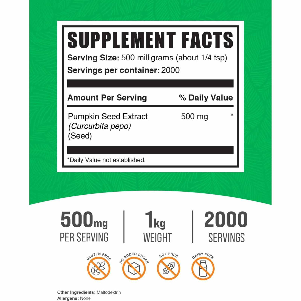 BulkSupplements.com Extracto de Semilla de Calabaza 500 mg - 1000 lb - Tabla Nutricional - Haz Tu Pedido