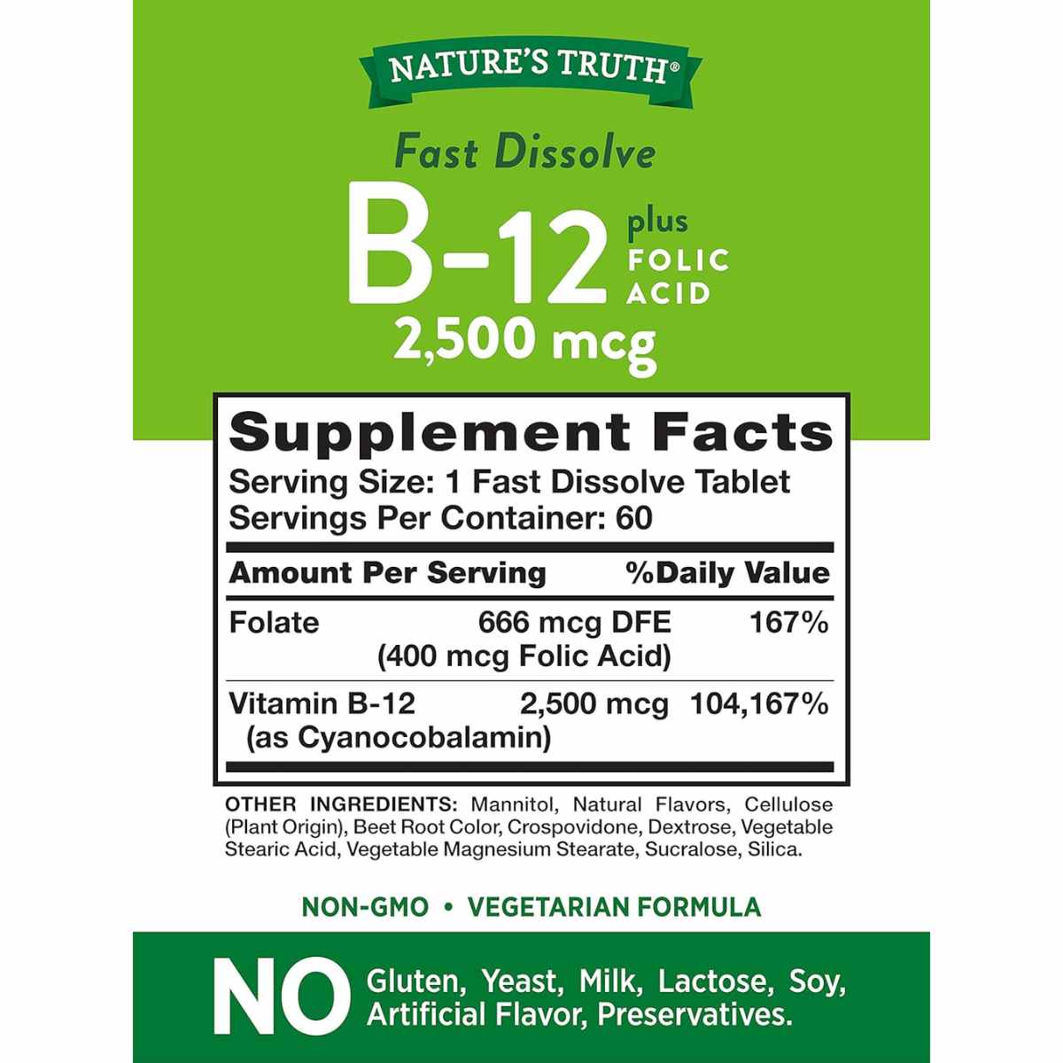 Nature's Truth Vitamina B12 2500 mcg - 60 Tabletas de disolución rápida - Tabla Nutricional - Haz Tu Pedido