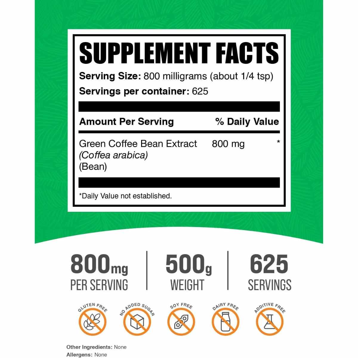 BulkSupplements.com Extracto de Grano de Café Verde 800 mg - 500 g - Tabla Nutricional - Haz Tu Pedido