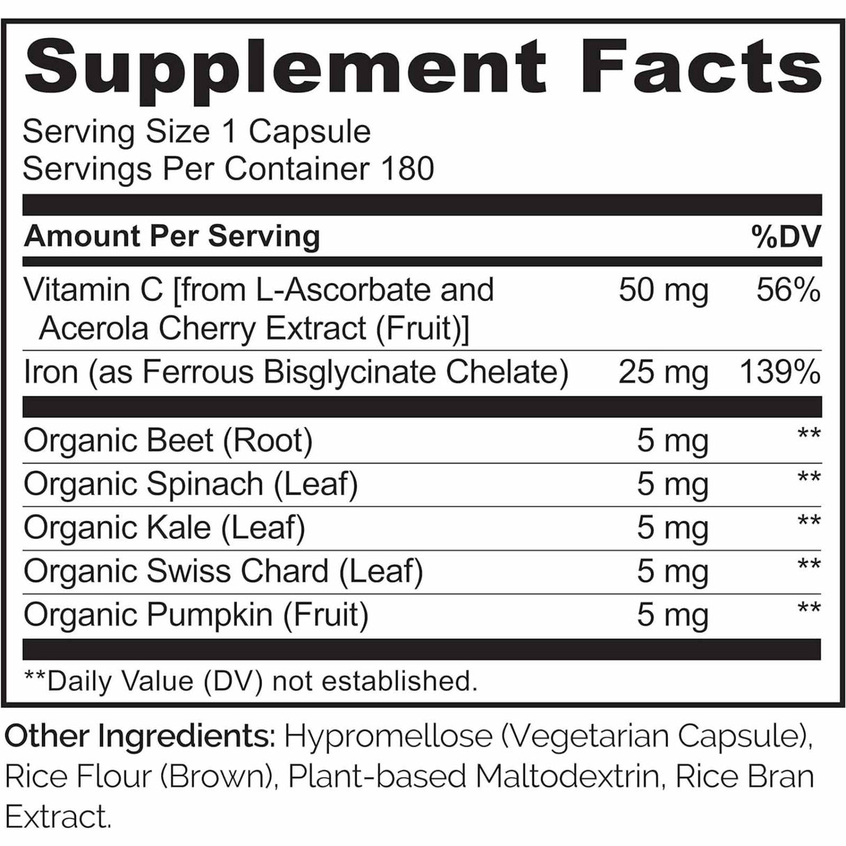 Naturelo Hierro con Vitamina C 25 mg - 180 Cápsulas Vegetarianas - Tabla Nutricional - Haz Tu Pedido