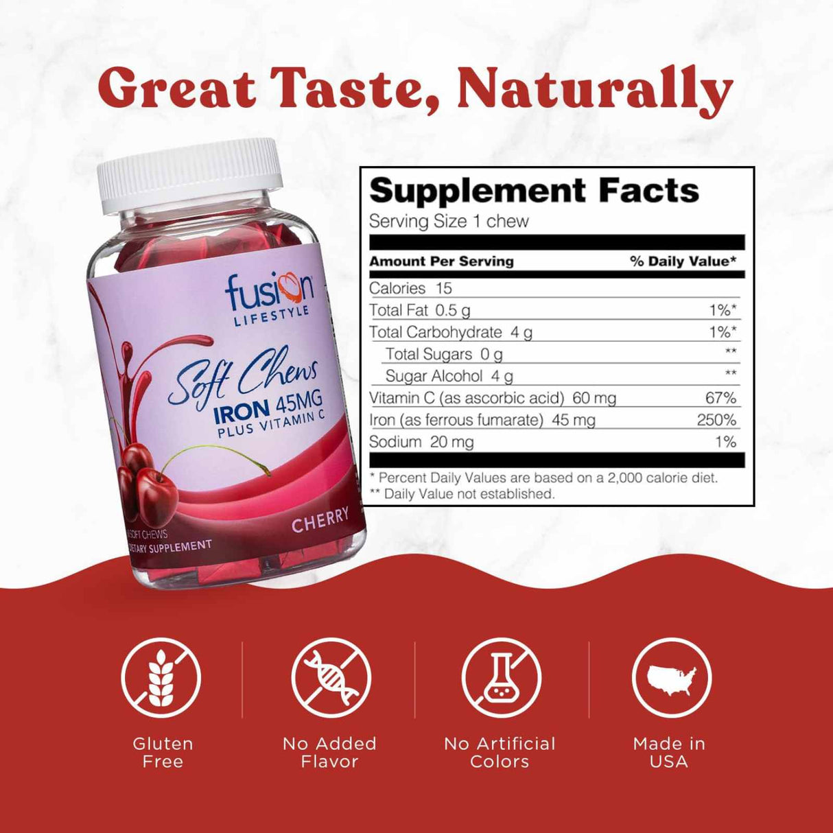 Fusion Lifestyle Hierro - Sabor Cereza - 60 Masticables - Tabla Nutricional - Haz Tu Pedido