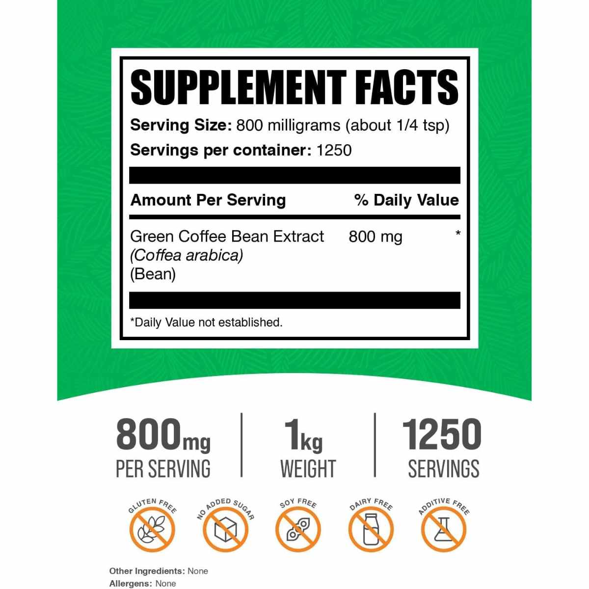 BulkSupplements.com Extracto de Grano de Café Verde 800 mg - 1000 g - Tabla Nutricional - Haz Tu Pedido