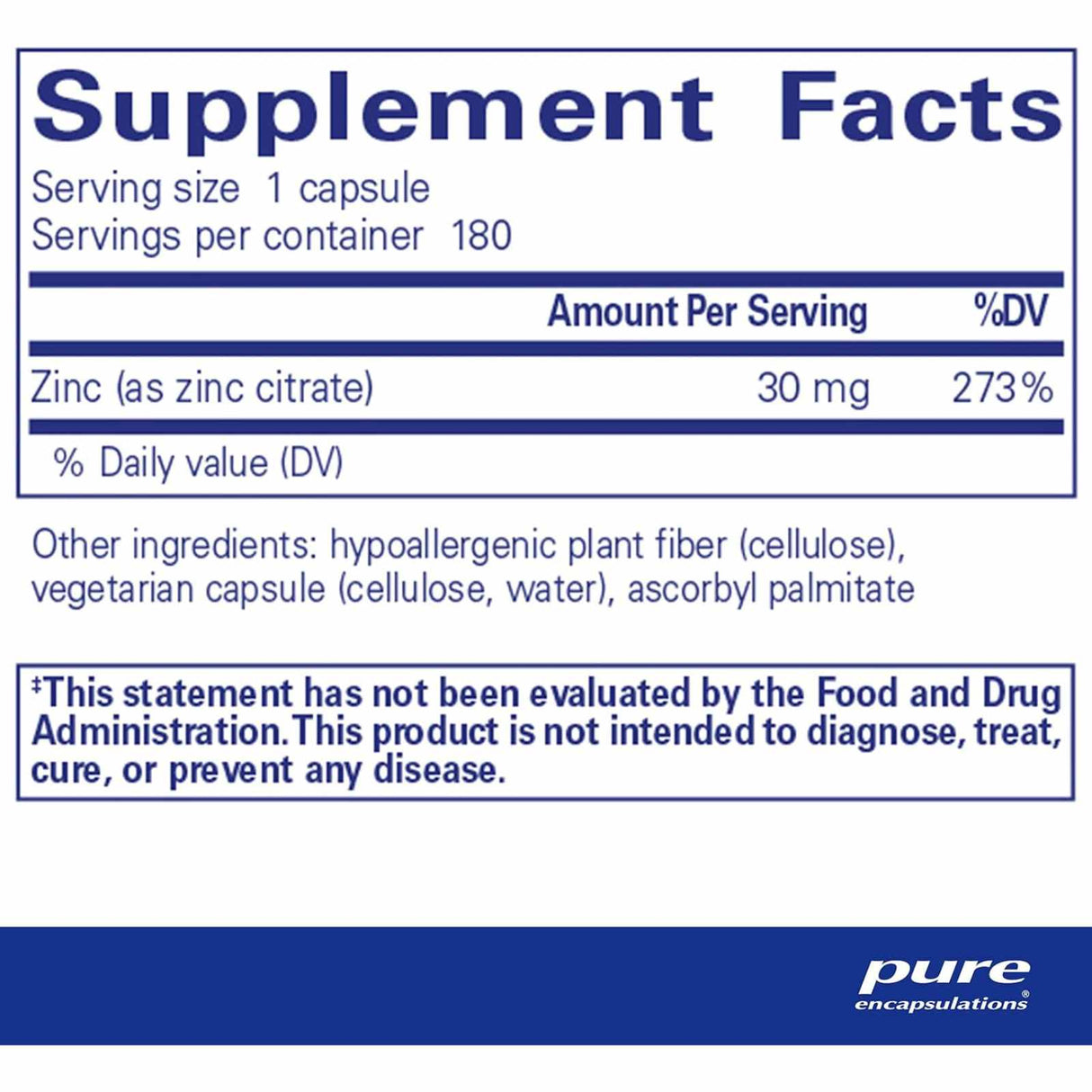 Pure Encapsulations Citrato de Zinc - 180 Cápsulas - Tabla Nutricional - Haz Tu Pedido