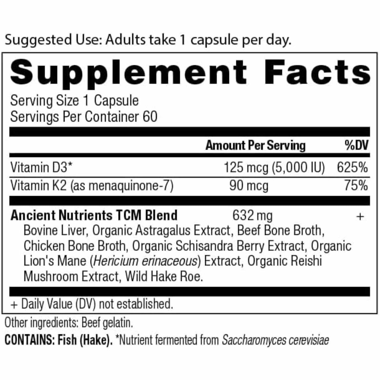 Ancient Nutrition Vitamina D3 5000 IU - 60 Cápsulas - Tabla Nutricional - Haz Tu Pedido