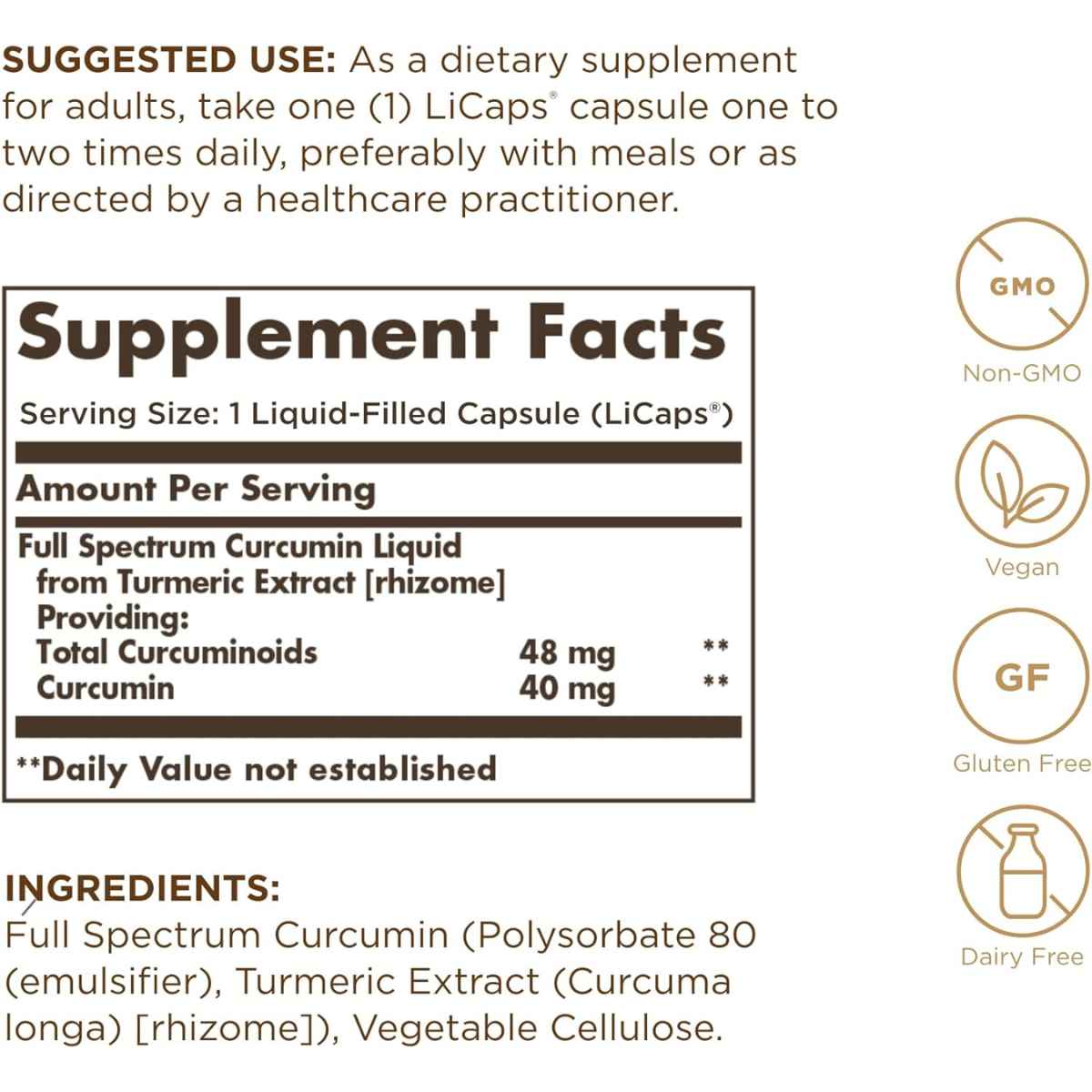Solgar Curcumina Espectro Completo - 60 Cápsulas Liquidas - Tabla Nutricional - Haz Tu Pedido