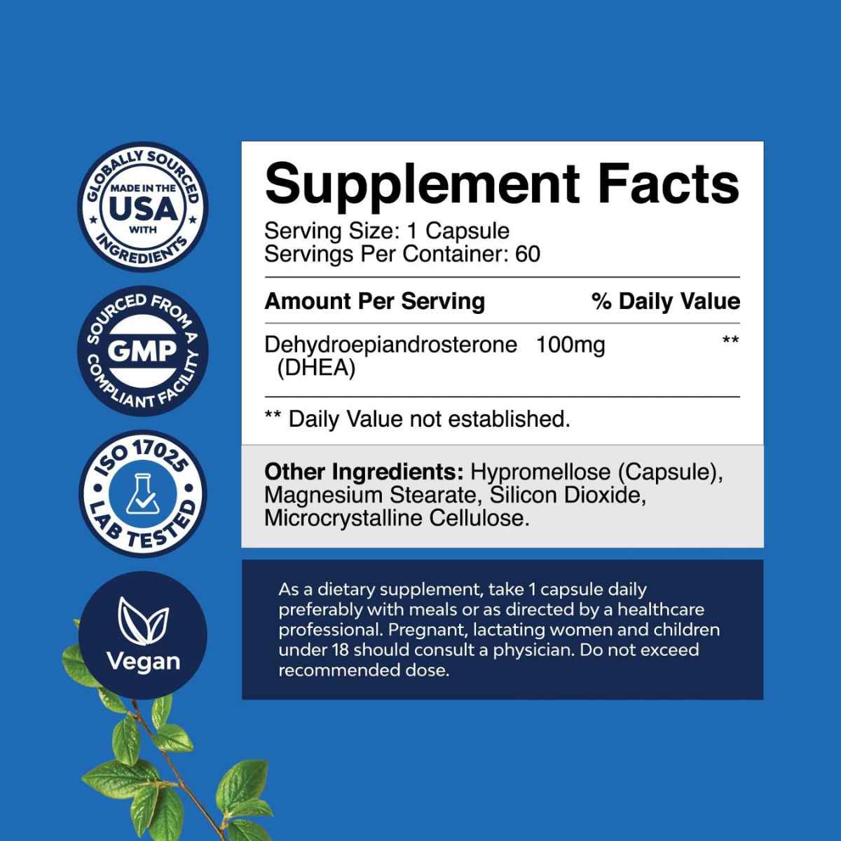 Natures Craft DHEA 100 mg - 60 Cápsulas - Tabla Nutricional - Haz Tu Pedido