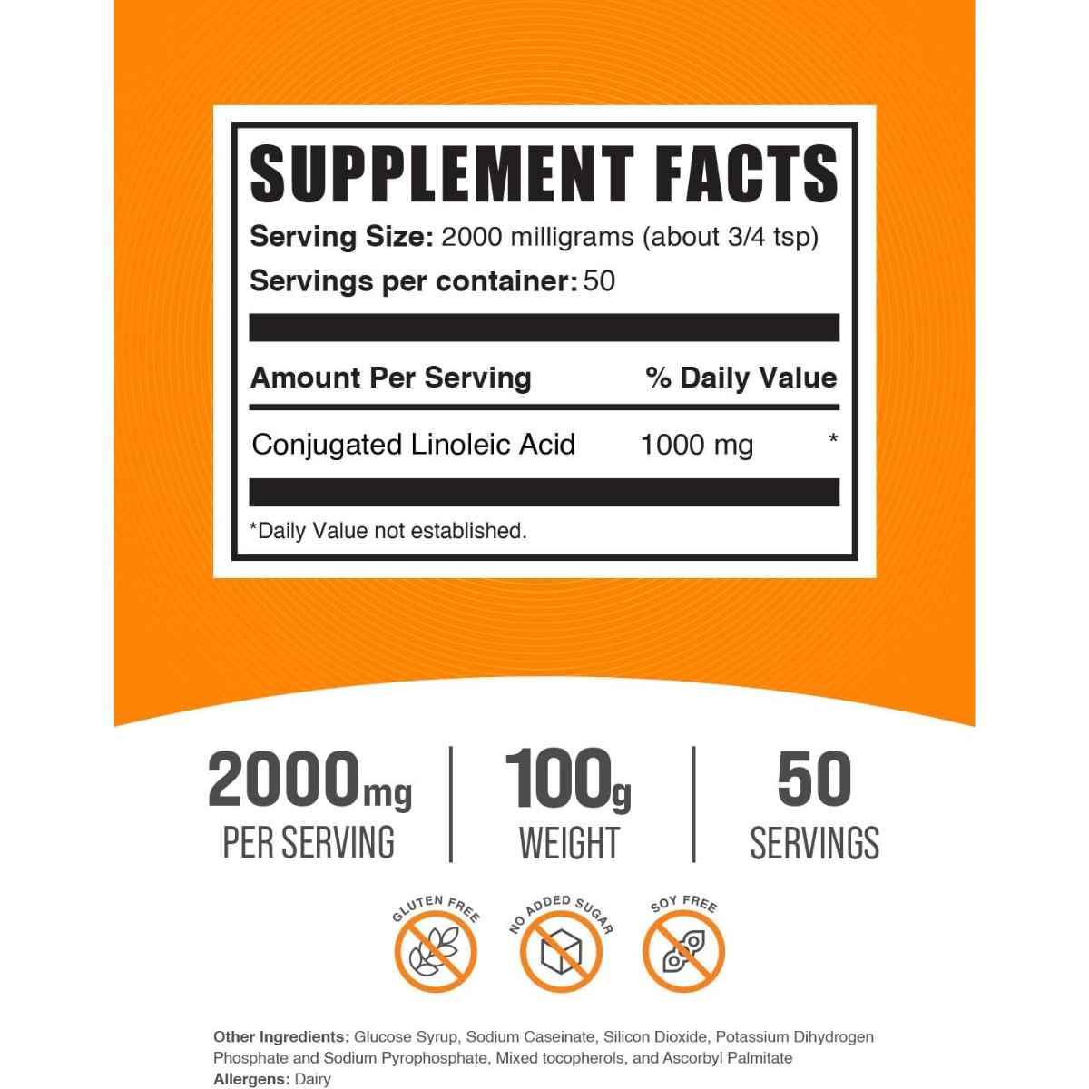 BulkSupplements.com CLA Ácido Linoleico Conjugado 2000 mg - 100 g - Tabla Nutricional - Haz Tu Pedido