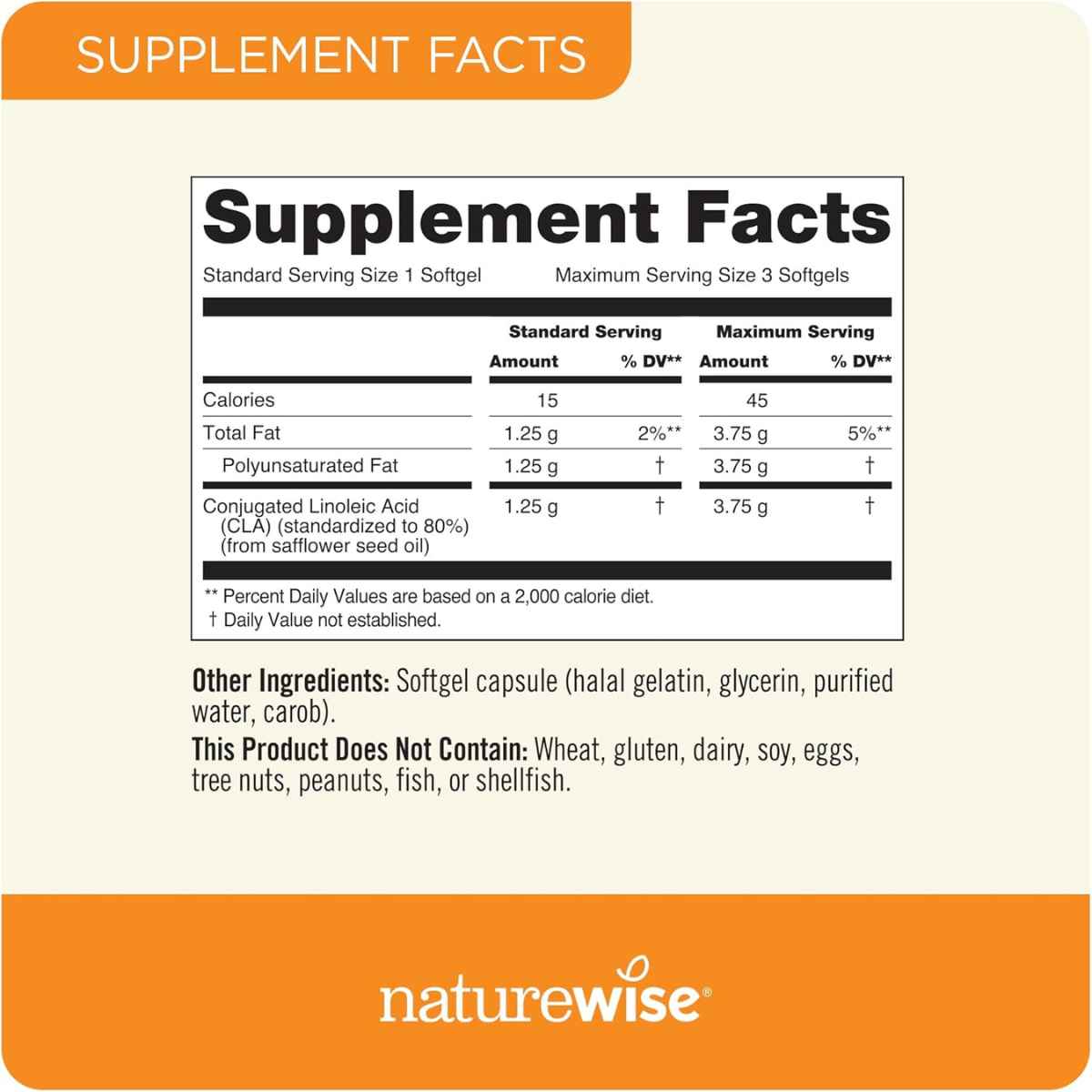 NatureWise CLA 1250 mg - 180 Cápsulas Blandas - Tabla Nutricional - Haz Tu Pedido