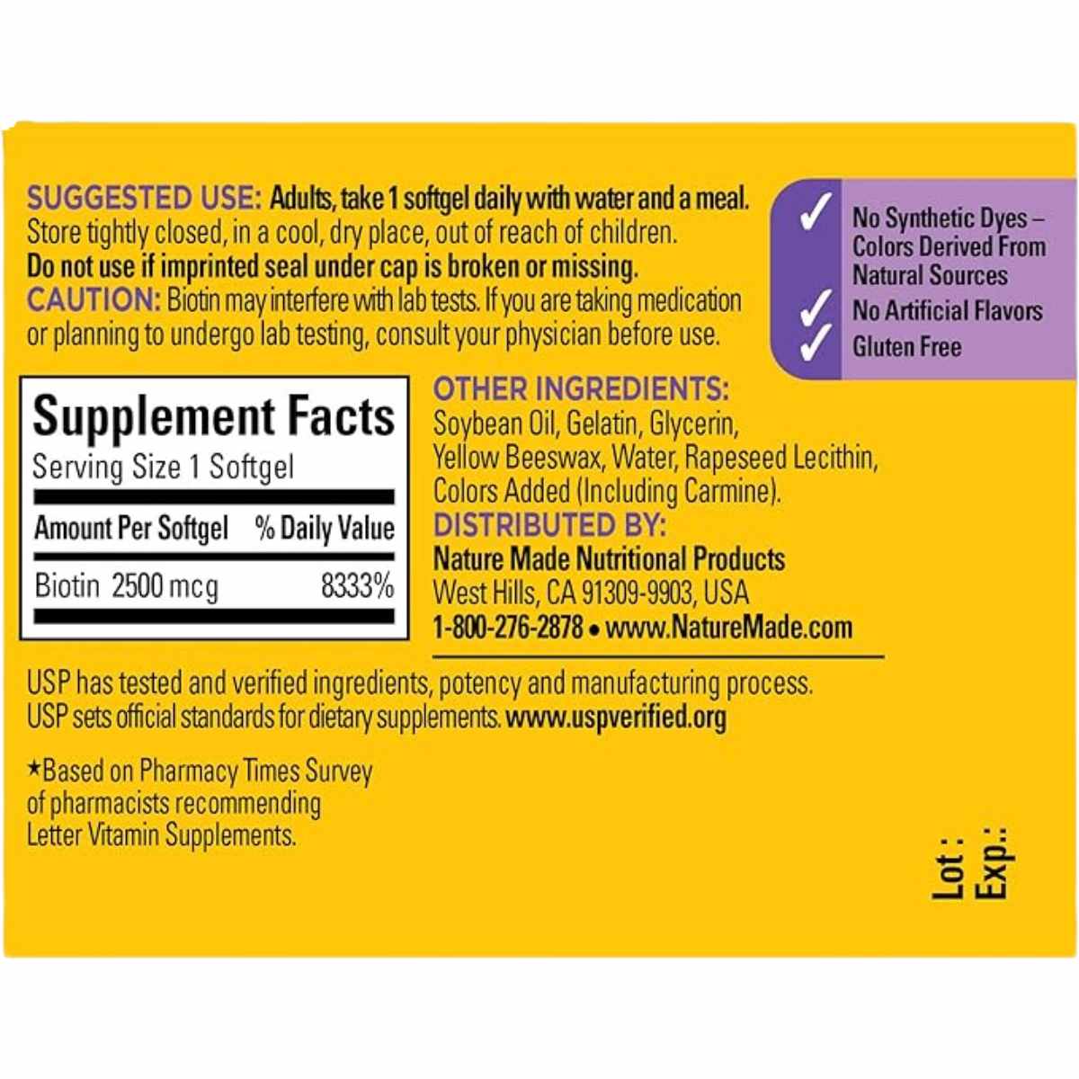 Biotina Nature Made - 2500 mcg - Cápsulas Suaves: Una fórmula de alta potencia para fortalecer tu cabello, piel y uñas desde adentro.