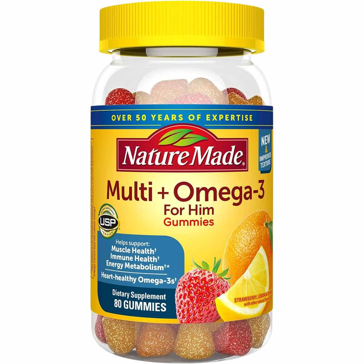 ¡Gomitas Nature Made Multivitamínico + Omega 3 sabor fresa y Limón!
