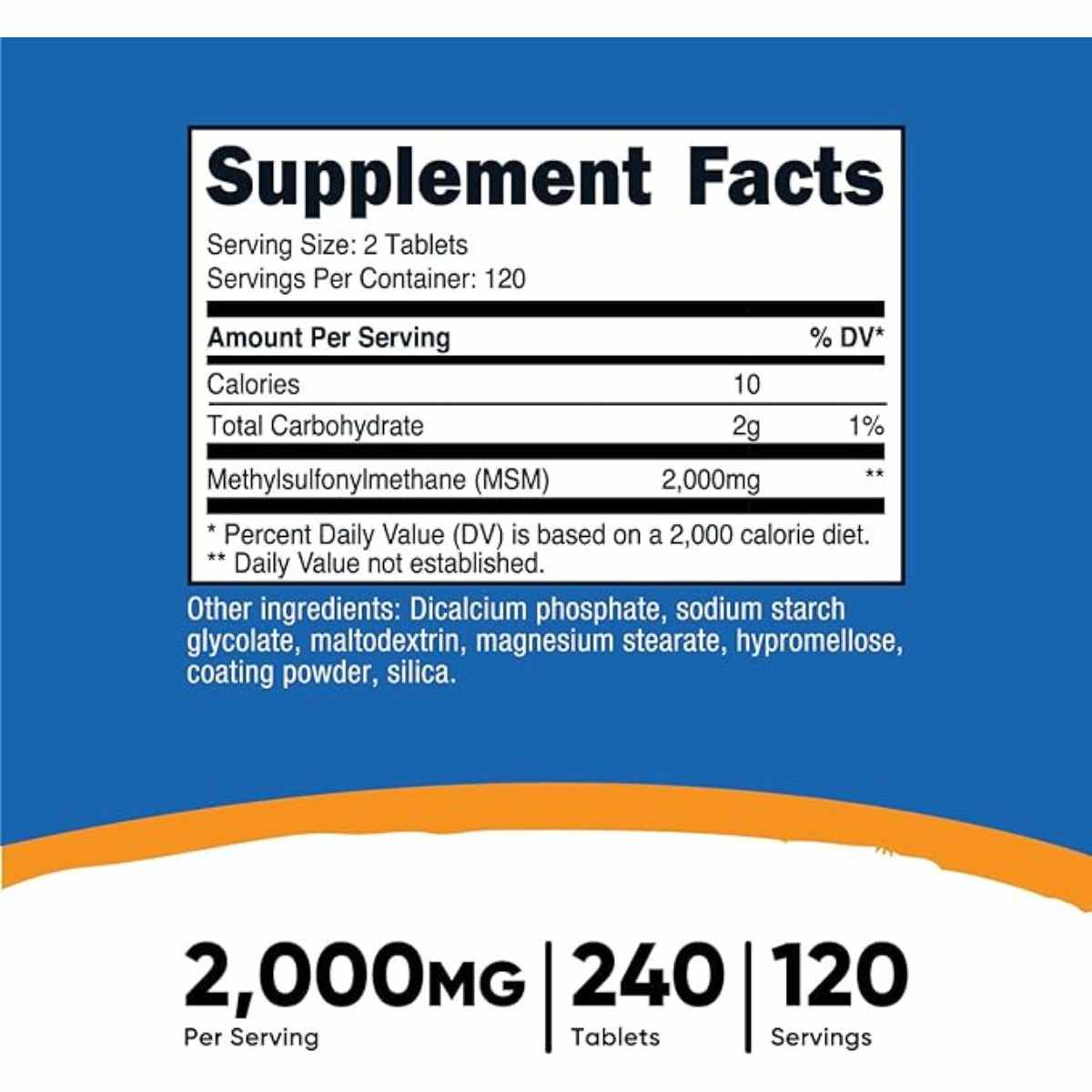 Nutricost presenta su fórmula de MSM 2000 mg en un conveniente frasco de 240 tabletas.