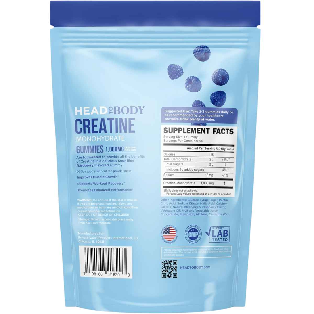 Head To Body Monohidrato de Creatina 1000 mg - Sabor Frambuesas Azules - 90 Gomitas - Tabla Nutricional - Haz Tu Pedido