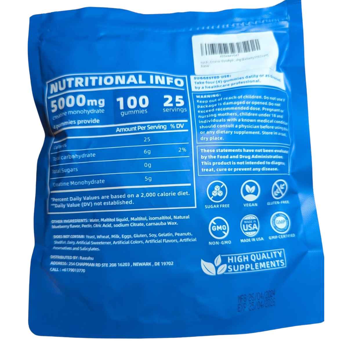 Razuhu Monohidrato de Creatina 5000 mg - Sabor Arándano Azul - 100 Gomitas - Tabla Nutricional - Haz Tu Pedido