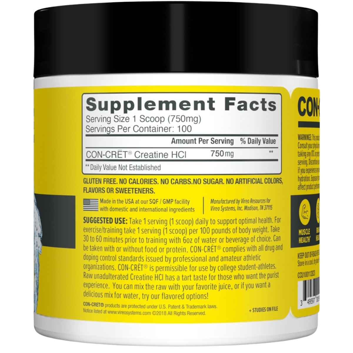 CON-CRET Creatina HCl - Sabor Sin Sabor - 75 g - Tabla Nutricional - Haz Tu Pedido