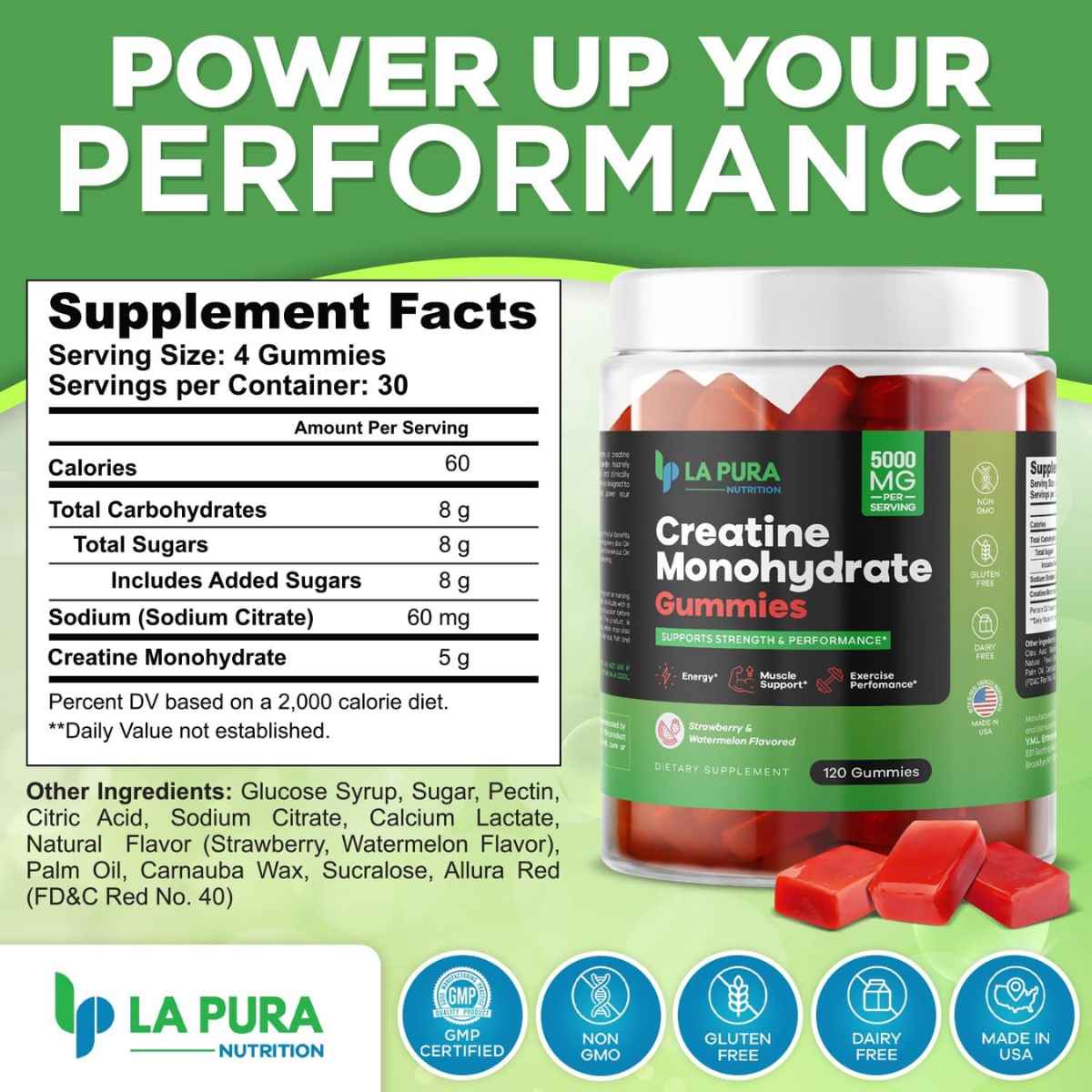 La Pura Monohidrato de Creatina 5000 mg - Sabor Fresa y sandía - 120 Gomitas - Tabla Nutricional - Haz Tu Pedido