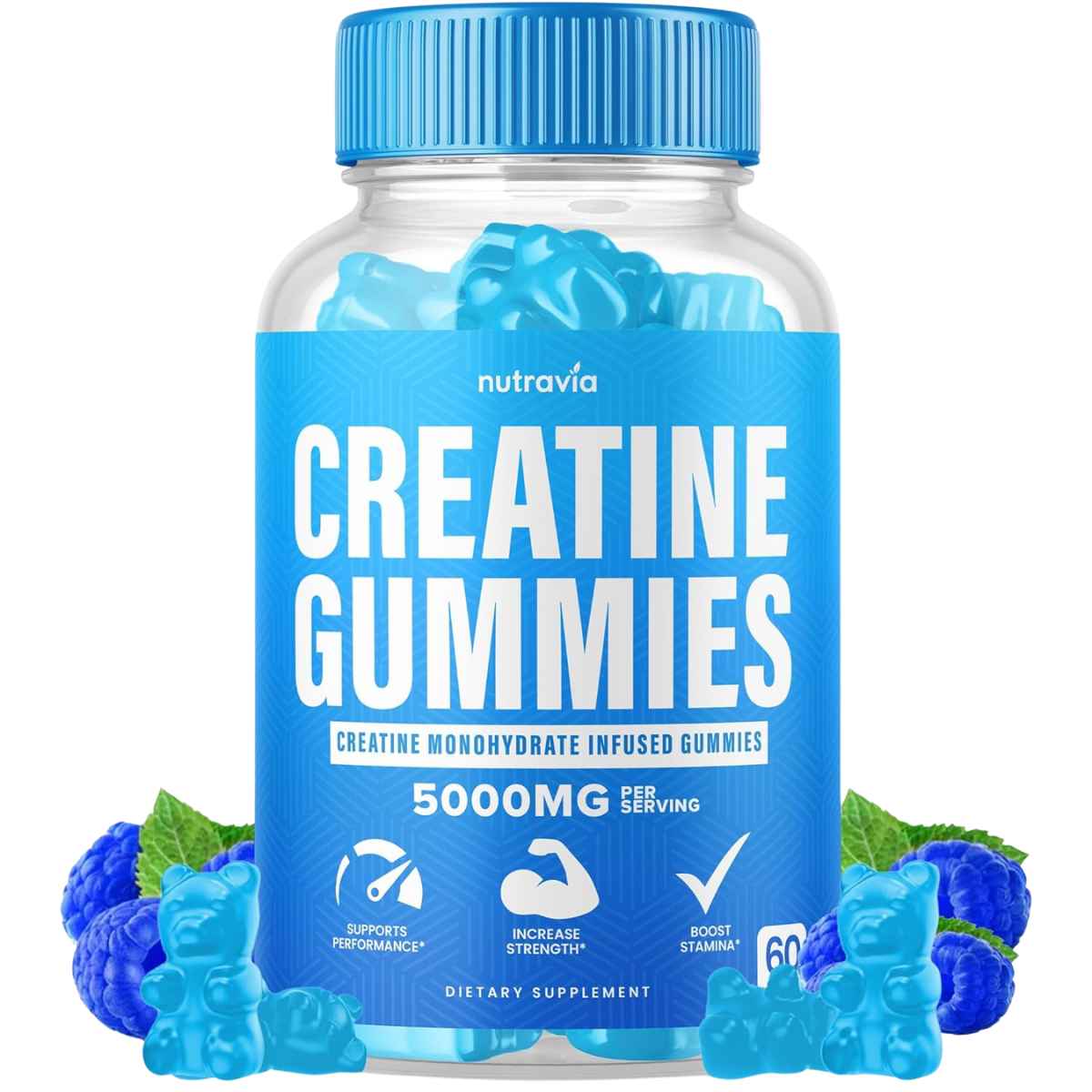 Nutravía Monohidrato de Creatina 5000 mg - Sabor Frambuesas Azules - 60 Gomitas - Haz Tu Pedido