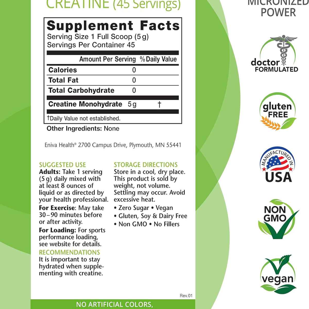 Eniva Health Monohidrato de Creatina - 225 g - Tabla Nutricional - Haz Tu Pedido