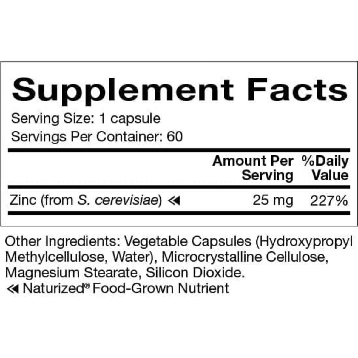 Natura Health Products Suplemento Alimenticio de Zinc 25 mg - 60 Cápsulas - Tabla Nutricional - Haz Tu Pedido