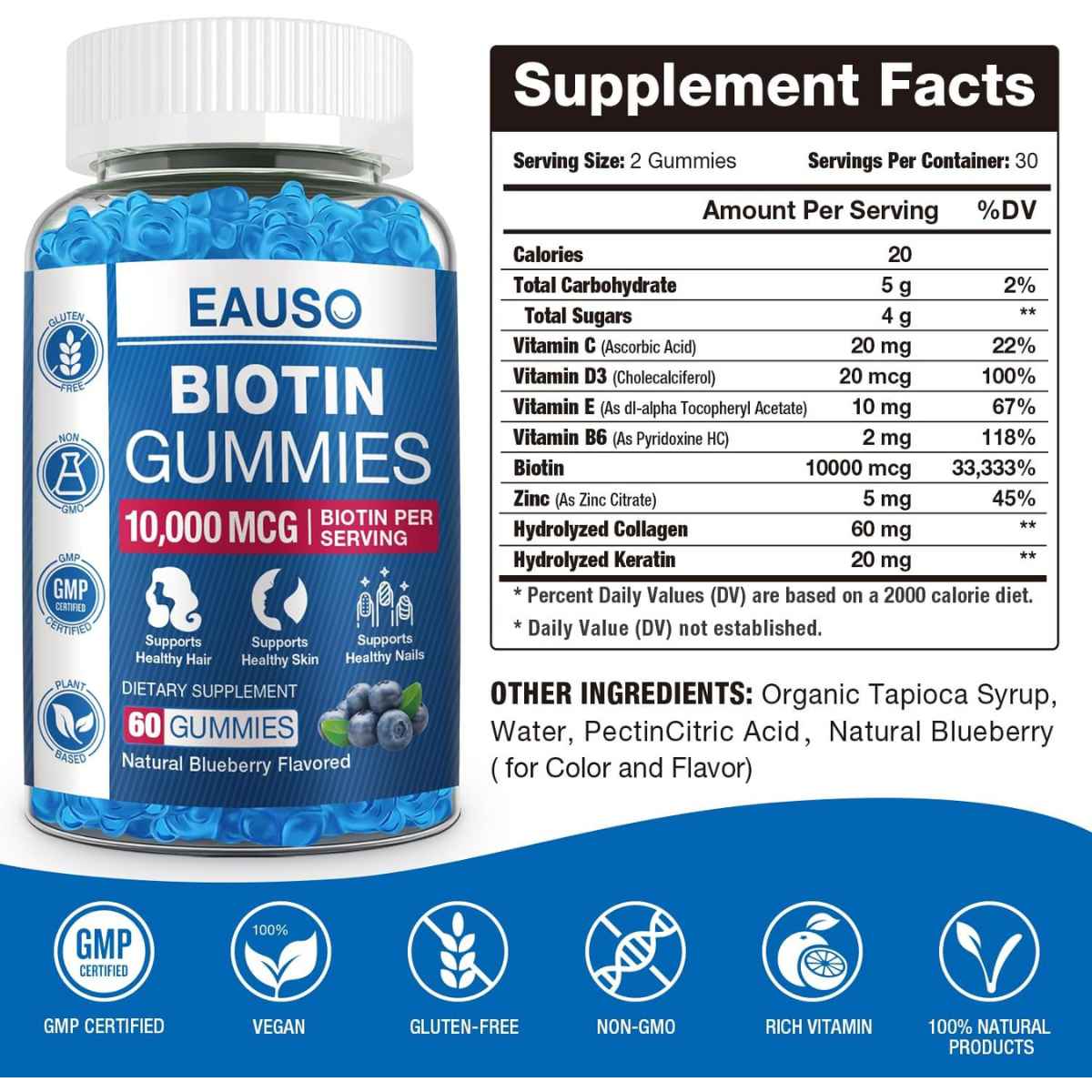 Eauso Biotina para un Cabello, Piel y Uñas más fuertes 10000 mcg - 60 Gomitas - Tabla Nutricional - Haz Tu Pedido