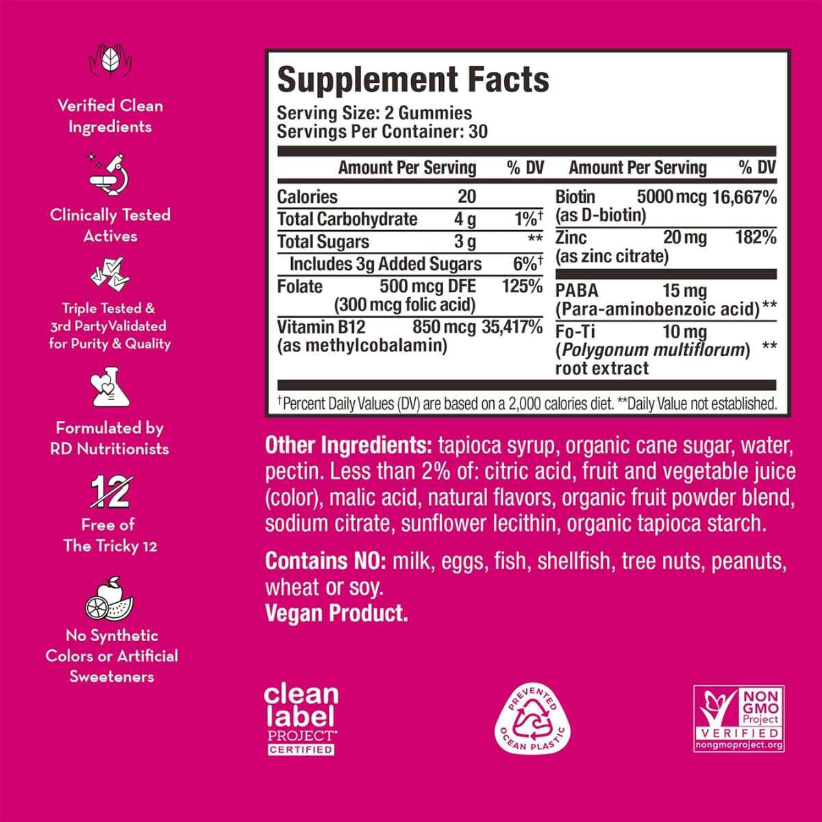 HUM Suplemento para mejorar el crecimiento del cabello - 30 Gomitas Veganas - Tabla Nutricional - Haz Tu Pedido