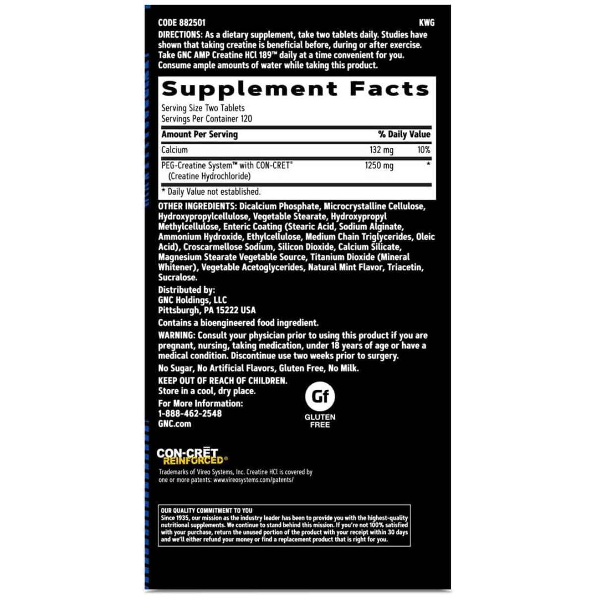 GNC Creatina HCl 189 - 240 Tabletas - Tabla Nutricional - Haz Tu Pedido