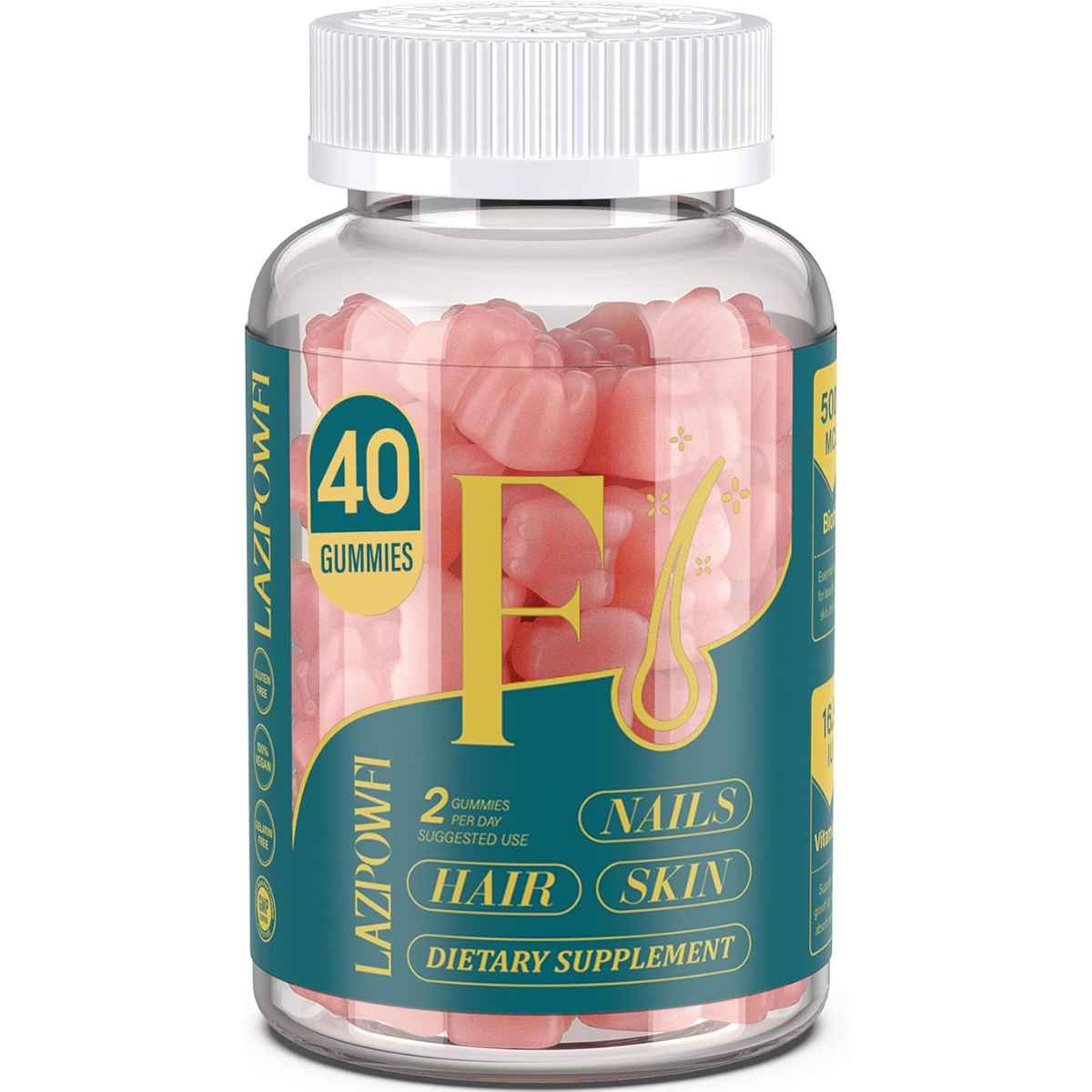 Lazpowfi Vitaminas para el Cabello la Piel y las Uñas - Sabor Frambuesa - 40 Gomitas - Haz Tu Pedido