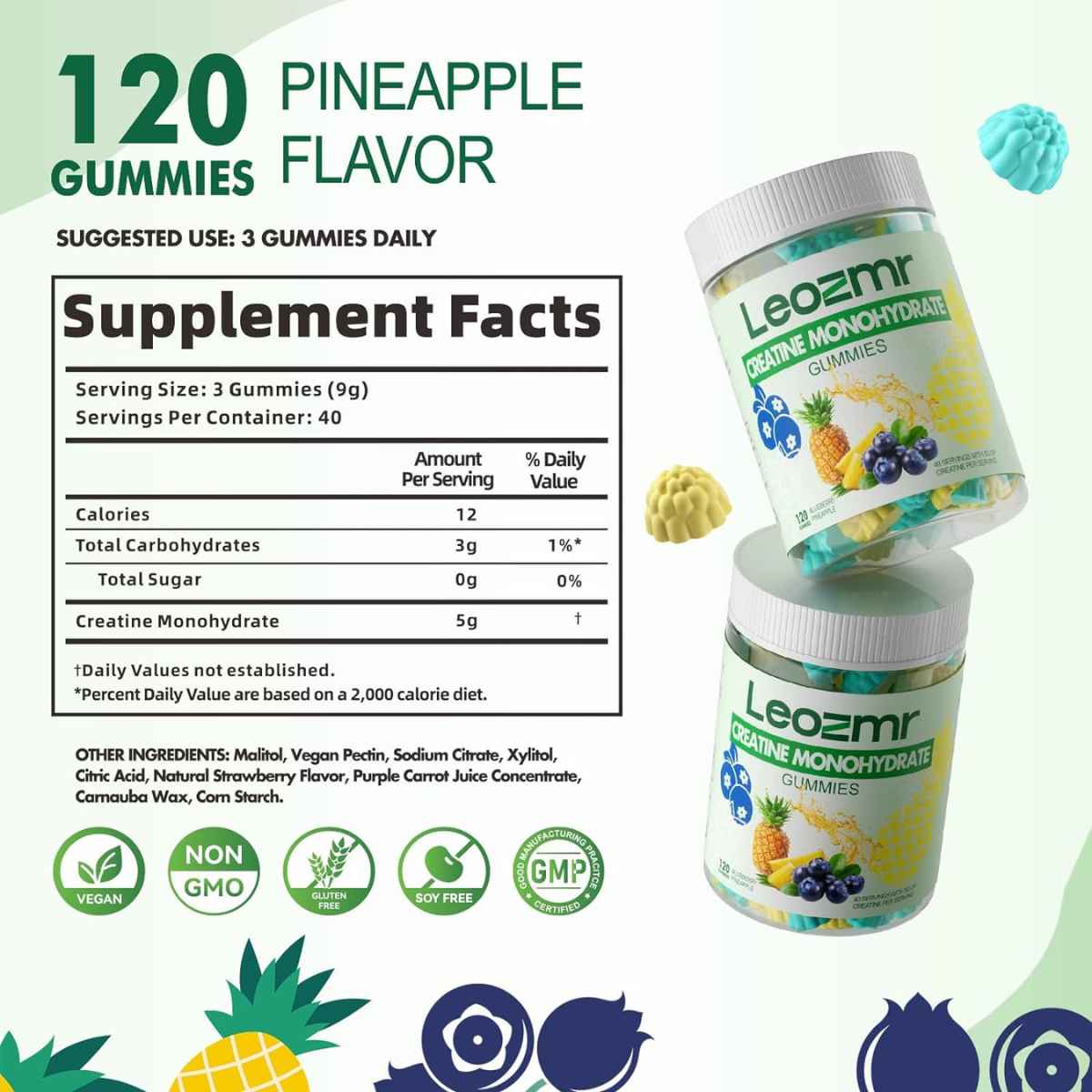 Leozmr Monohidrato de Creatina - Sabor Arándano piña - 120 Gomitas - Tabla Nutricional - Haz Tu Pedido