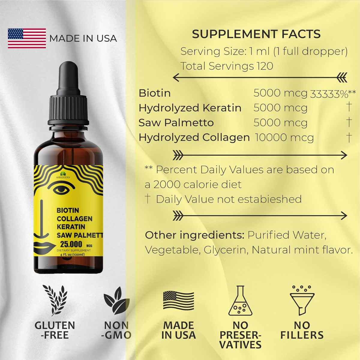 Herbalicious Suplemento Integral para el Cabello, Piel y Uñas 25000 mcg - 120 ml - Tabla Nutricional - Haz Tu Pedido