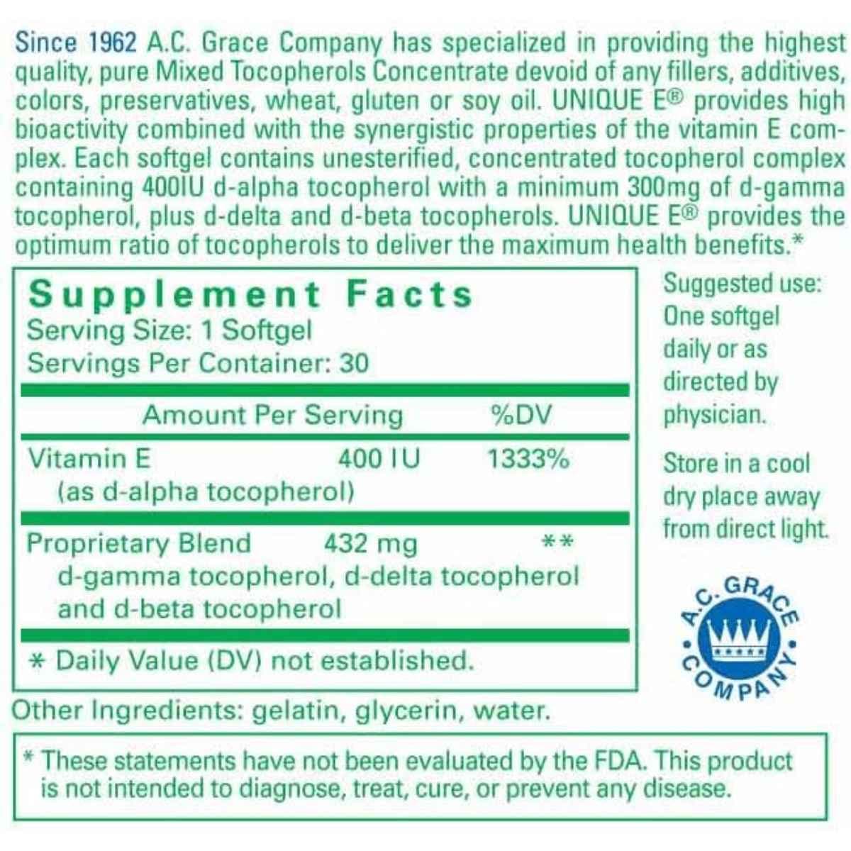 Tabla nutricional del suplemento A.C. Grace Company Vitamina E 30 cápsulas blandas
